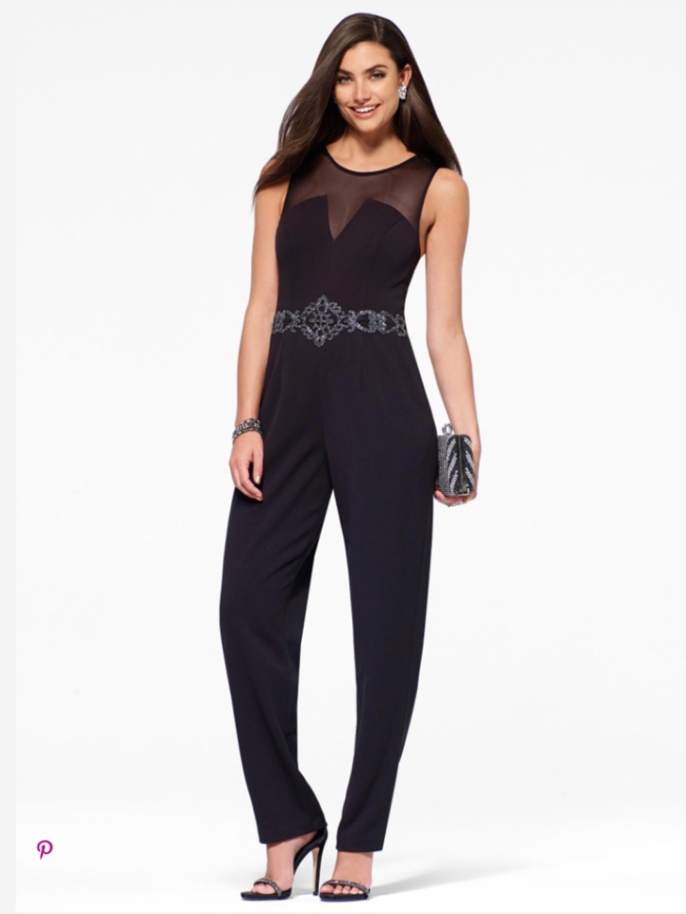 NWT Tina Knowles for Cache Black Illusion Jewel Embellished Belt Jumpsuit Size 6